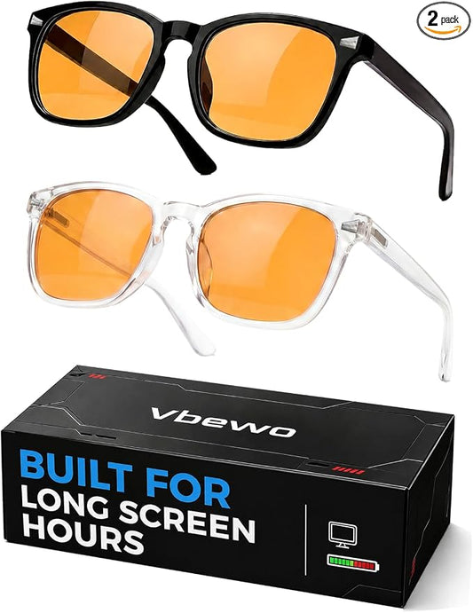 2 Packs Professional Sleep Glasses with 98.7% Blue Light Blocking Dual AR Coatings Amber Lens, Computer Gaming Glasses for Men Women, Anti Fatigue & Eye Strain