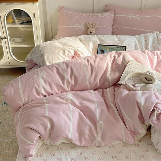 Nayoroom Pink Bow Duvet Cover Queen Size Kids Girls Cute Coquette Bedding Set 3 Pcs Soft Microfiber Reversible White Striped Comforter Cover Gifts for Women
