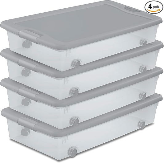 Sterilite 4-Pack 56 Quart Wheeled Latching Box, Underbed Plastic Storage Organizer, Silver - Under Bed Rolling Container Bin with Lid and Wheels for Home or Dorm Bedrooms and Closets