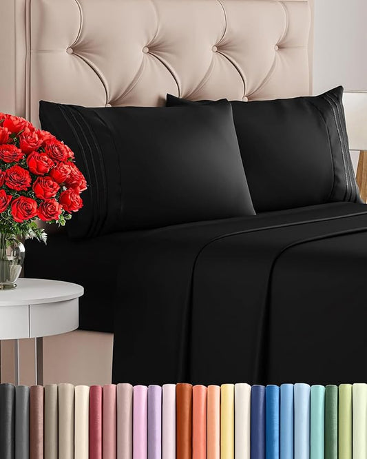 Full Size 4 Piece Sheet Set - Comfy Breathable & Cooling Sheets - Hotel Luxury Bed Sheets for Women & Men - Deep Pockets, Easy-Fit, Extra Soft and Wrinkle Free Sheets - Black Oeko-Tex Bed Sheet Set