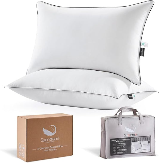Goose Feather and Down Bed Pillows Standard Size Set of 2, Luxury 3-Chamber Pillows with Soft & Down-Proof Cover, Fluffy Plush Hotel Pillows for Side, Back & Stomach Sleepers