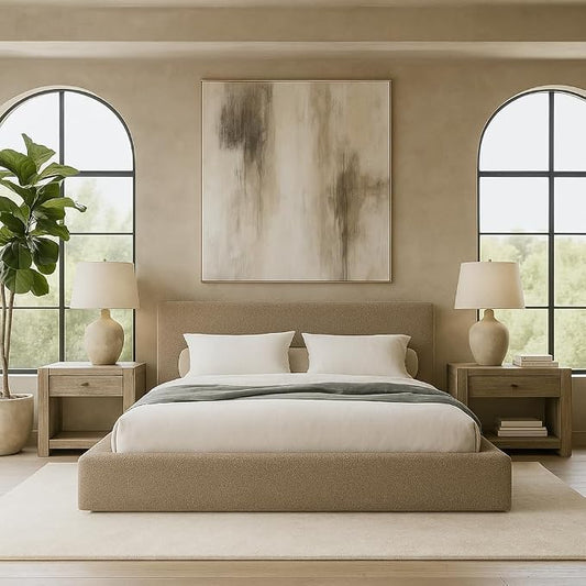 Square Bed – Washable Cover - Soft Upholstered Linen - Minimalist Modern - Sold Separately (Taupe Boucle, Twin Base)