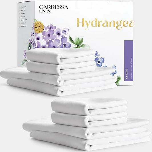 Carressa Linen California King Egyptian Cotton Sheet Sets - 600 Series Hydrangeas Collection Cal King Cotton Sheet Set (8 PC, Crisp White), 16" Deep Pocket Sateen Weave Luxury Hotel Bed Sheets