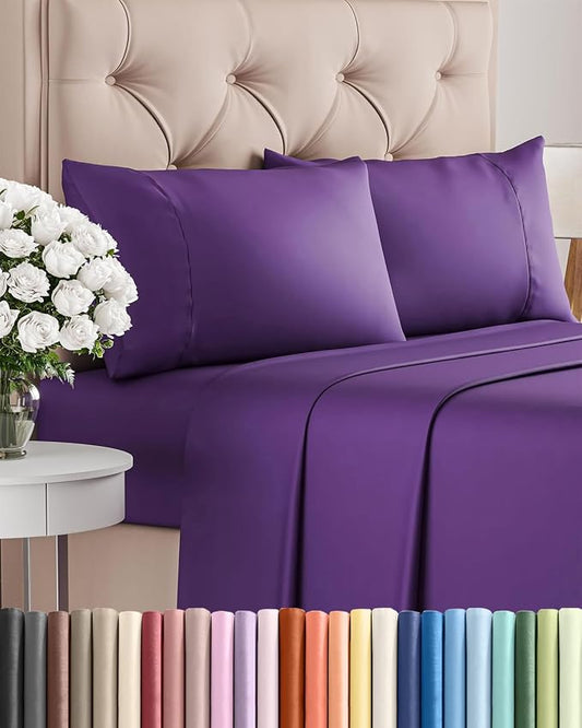 Twin 4 Piece Sheet Set - Comfy, Breathable & Cooling - Hotel Luxury Bedding for Women, Men, Kids, Teens and Children - 1 Flat & 1 Fitted Sheet & 2 Pillowcases w/ Deep Pockets - Wrinkle Free - Purple