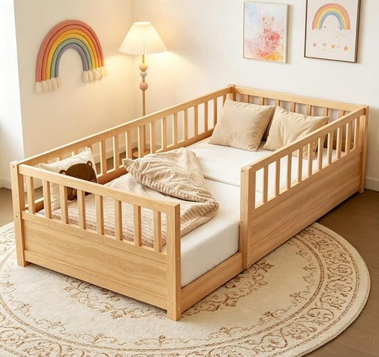 Bellemave Twin Floor Bed with high Fence, Solid Pine Wood Montessori Bed for Kids Girls Boys Floor Bed Frame,Natural with slats