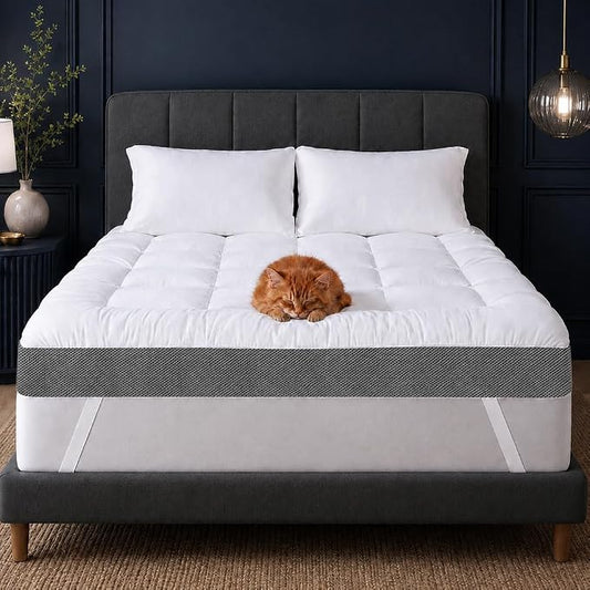 HYPREST 4 Inch Mattress Topper Queen, Thick Cooling Cotton Pillow Top with 2000 GSM Shredded Memory Foam - Soft & Supportive for Back Pain Relief, Non-Slip Bottom