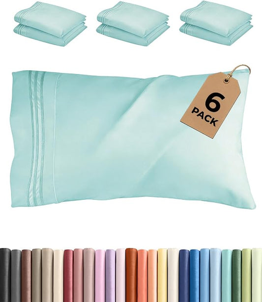 King Pillow Cases Set of 6 - Ultra Soft Hotel Quality Pillowcase Covers - Comfy & Wrinkle Free - Shrink, Stain & Fade Resistant - Easy-Care, Machine Washable Pillow Protectors - 6 Piece Set - Spa Blue