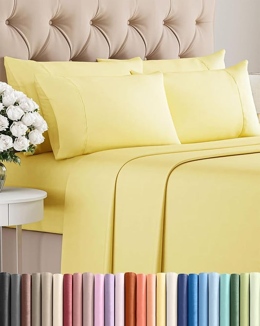 Queen 6 Piece Sheet Set - Comfy, Breathable & Cooling - Hotel Luxury Bedding for Women, Men, Kids, Teens and Children - 1 Flat & 1 Fitted Sheet & 4 Pillowcases w/ Deep Pockets - Wrinkle Free - Yellow