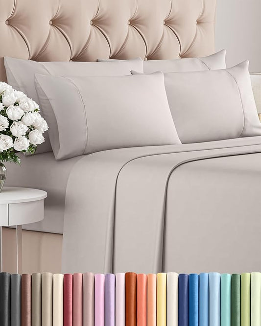 Full 6 Piece Sheet Set - Comfy, Breathable & Cooling - Hotel Luxury Bedding for Women, Men, Kids, Teens & Children - 1 Flat & 1 Fitted Sheet & 4 Pillowcases w/ Deep Pockets - Wrinkle Free - Light Grey
