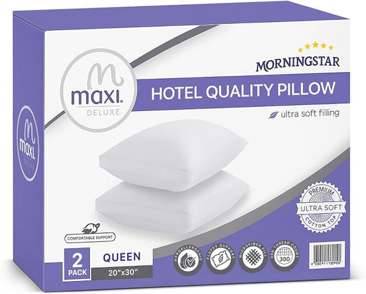 Maxi Deluxe Queen Size Bed Pillow – Ultra Soft & Comfortable – Versatile for Side, Back & Stomach Sleepers – 300TC Cotton Top – 2 Pack – (Queen Size Pillow is 20 x 30)