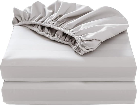2-Pack Pure Cotton Fitted Sheet Full Size, 600 Thread Count 16" Deep Pocket Egyptian Cotton Fitted Sheet (2pcs, Full, Stripted Light Beige)