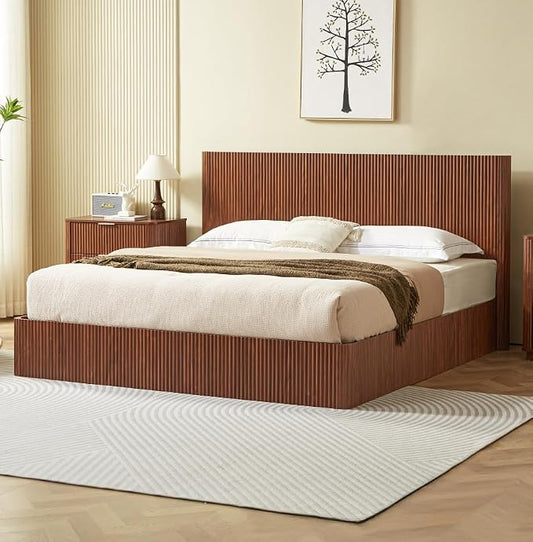 Bellemave King Lift Up Storage Bed, Walnut Wood Lift Up Bedframe King, Wooden Corrugated Curved Lines, Hydraulic Storage,Walnut
