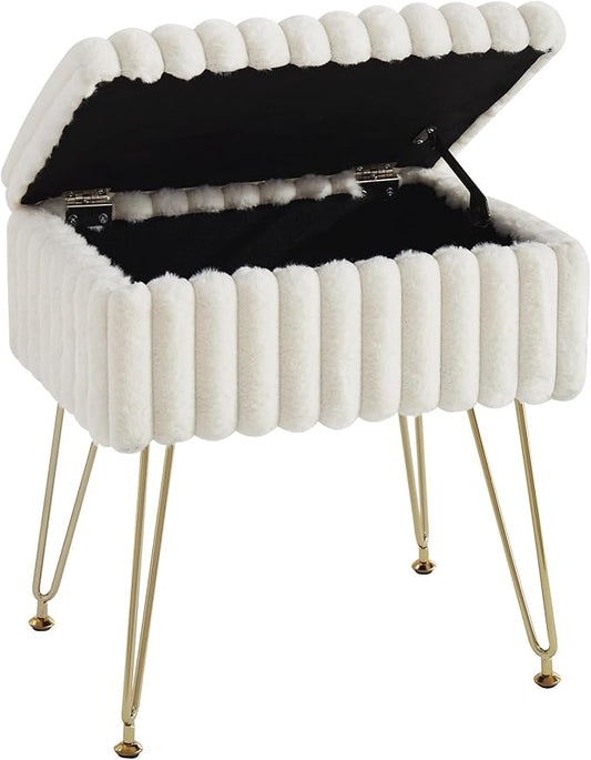 EBENCHICO Vanity Stool Chair with Storage, Faux Fur Stools for Vanity Makeup, Foot Stool Ottoman with 4 Metal Legs, Small Vanity Bench Seat Chairs for Living Room Bedroom