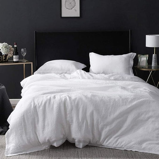Simple&Opulence 100% Linen Duvet Cover Set with Embroidery Border Washed - 3 Pieces (1 Duvet Cover with 2 Pillow Shams) with Button Closure Soft Breathable Farmhouse - White, Full Size