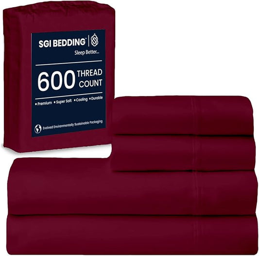 SGI bedding 100% Egyptian Cotton Sheets King Size – 600 Thread Count Sheets Set, Soft, Cooling, 15" Deep Pocket, Luxury Hotel Bedding, Breathable, Durable - Burgundy