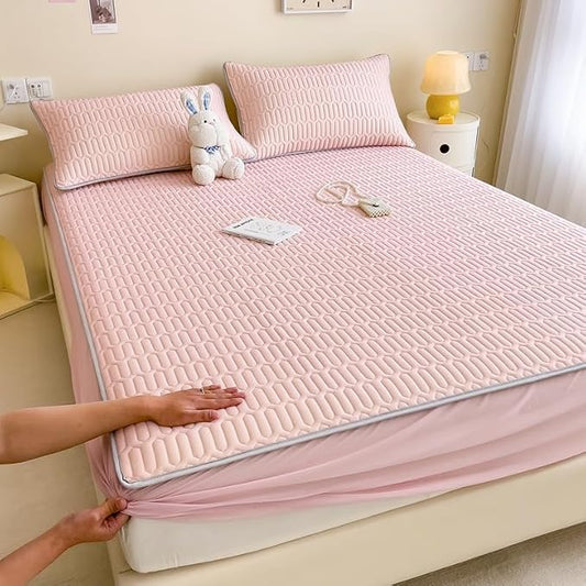 FCLDESHOP Soft Fitted Sheets,Solid Color Latex Sheet Mat Fitted Sheets, Summer Ice Box Spring Mattress Cover Bedding Sheets Pillowcase,Pink,180cmx200cm (3pcs)
