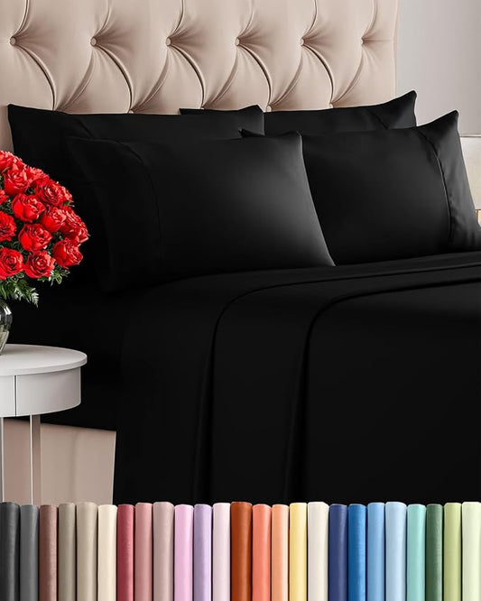 Full 6 Piece Sheet Set - Comfy, Breathable & Cooling - Soft Hotel Luxury Bedding for Women, Men, Kids, Teens & Children - 1 Flat & 1 Fitted Sheet & 4 Pillowcases w/ Deep Pockets - Wrinkle Free - Black