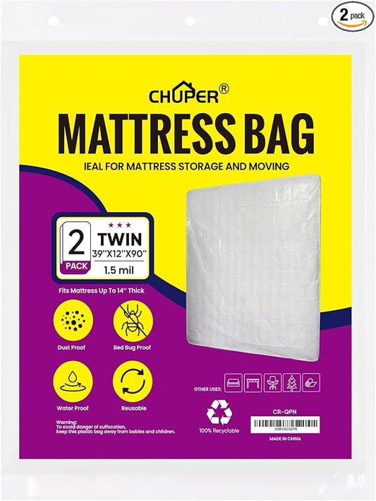 2 PK Twin Mattress Bags for Moving and Disposal – Waterproof Mattress Cover for Moving Twin Size Plastic Mattress Protector for Storage