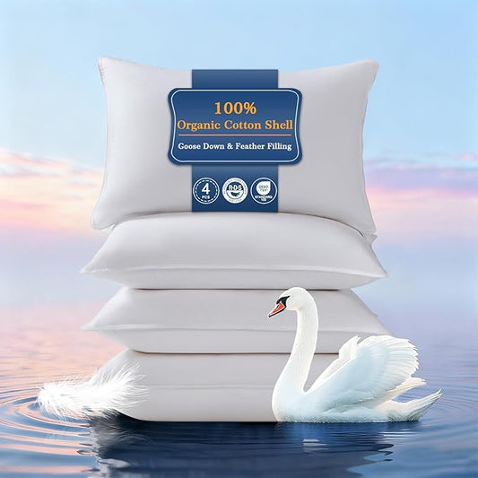 Goose Down Pillows Queen Size Set of 4, Hotel Quality Bed Pillow for Sleeping 4 Pack, 900 Fill Power Natural White Goose Feather Pillows with 700 TC 100% Organic Cotton Shell, 18"x30" White