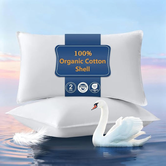 Goose Feather Pillows Standard Size Set of 2, Ultra Soft 700 TC Organic Cotton Shell, 900 FP Down Pillow for Sleep, Luxury Hotel Collection Bed Pillows 2 Pack for Side Back Stomach Sleepers, 18"x26"