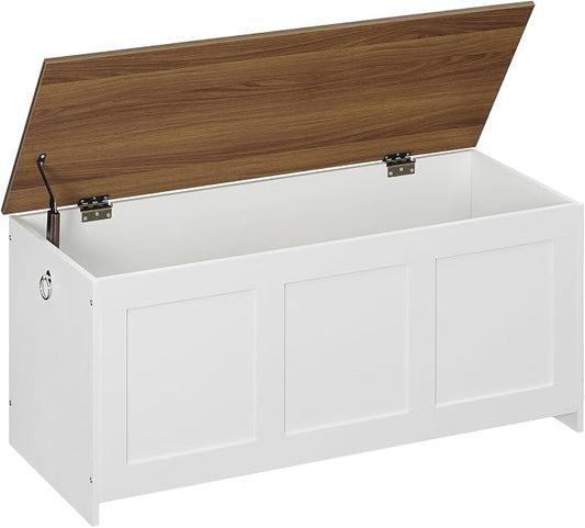 HOOBRO Storage Bench, 39.3" Retro Wooden Storage Chest, Wooden Storage Trunk, Toy Chest with Lift Top, Multifunctional Entryway Organizer, for Entryway, Living Room, White and Walnut WH141CW01