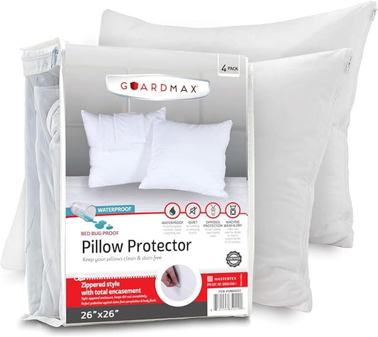 Guardmax Jersey Knitted European Pillow Protector with Zipper - 4 Pack -100% Waterproof, Bed Bug Proof, Dust Mite Proof, & Hypoallergenic Pillow Covers - Premium Zippered Pillow Cases. (26 X 26)