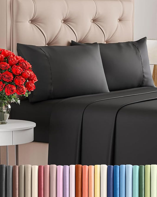 Twin 4 Piece Sheet Set - Comfy, Breathable & Cooling - Soft Hotel Luxury Bedding for Women, Men, Kids, Teens & Children - 1 Flat & 1 Fitted Sheet & 2 Pillowcases w/ Deep Pockets - Wrinkle Free - Black