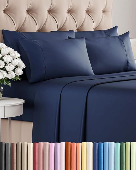 Full 6 Piece Sheet Set - Comfy, Breathable & Cooling - Hotel Luxury Bedding for Women, Men, Kids, Teens & Children - 1 Flat & 1 Fitted Sheet & 4 Pillowcases w/ Deep Pockets - Wrinkle Free - Navy Blue