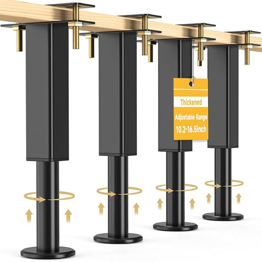 4PCS Adjustable Height Bed Support Legs, 10.2-16.5 In, Metal Heavy Bed Risers with Non-Slip Rubber Base, Replacement Furniture Feet for King Queen Frame Slats, Sofa, Couch, Cabinet, Dresser, Table