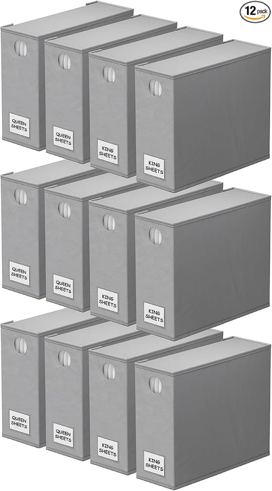 SpaceAid 12 Pack Bed Sheet Organizers and Storage, Foldable Sheet Organizer for Linen Closet, Sheets Set Folder Keeper with Window XL (Queen & King Size) Bedding Container (Gray, 12 Pack)