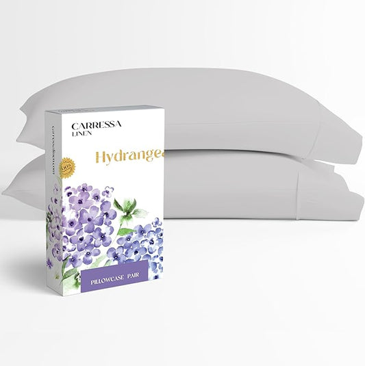 Carressa Linen 100% Egyptian Cotton Pillow Cases Queen Size Set of 2 - Luxury 600 Series Hydrangeas Collection Queen Size Pillowcases (Silver), Cooling Sateen Weave Hotel Quality Bed Pillow Cover