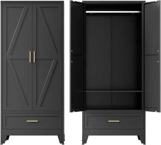 COFaR Metal Armoire Wardrobe Closet with Drawer, 71'' Tall Farmhouse Bedroom Armoires with Doors and Hanging Rod, Freestanding Steel Wardrobe Cabinet Coat Closet for Bedroom Home Office, Black