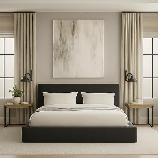 Square Bed – Washable Cover - Soft Upholstered Linen - Minimalist Modern - Sold Separately (Waterproof Black Linen, King Headboard)