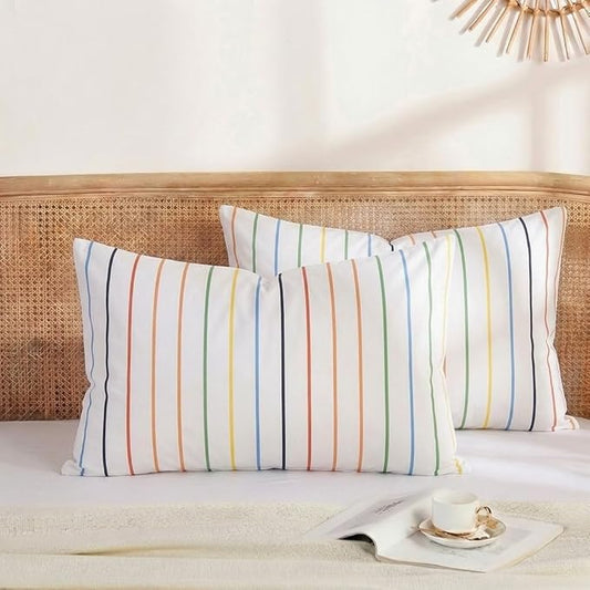 Merryword Standard Size Pillowcases, 100% Cotton Pillow Cases, Rainbow Striped Pillowcases, Soft Breathable Pinstripe Pillow Covers, Set of 2