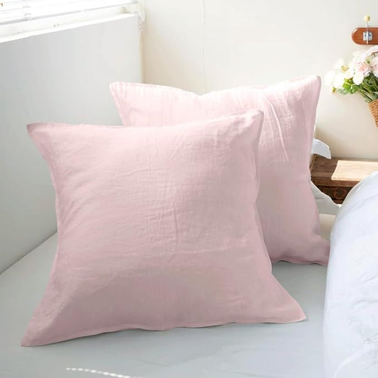 Simple&Opulence 100% Washed Linen Euro Shams 26'' x 26'' Pack of 2, Basic Style Solid Color Natural Flax Farmhouse Decorative Square Throw Pillow Covers for Bed Couch Sofa - Brush Pink