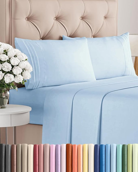 Queen Size 4 Piece Sheet Set - Comfy Breathable & Cooling Sheets - Hotel Luxury Bed Sheets for Women & Men - Deep Pockets, Easy-Fit, Soft and Wrinkle Free Sheets - Light Blue Oeko-Tex Bed Sheet Set