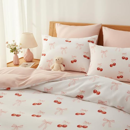 Nayoroom Pink Bow Duvet Cover Full Size Reversible Red Cherry Duvet Cover 3 Pieces Soft Lightweight Microfiber Kids Girls Cute Aesthetic Dorm Bedding Set