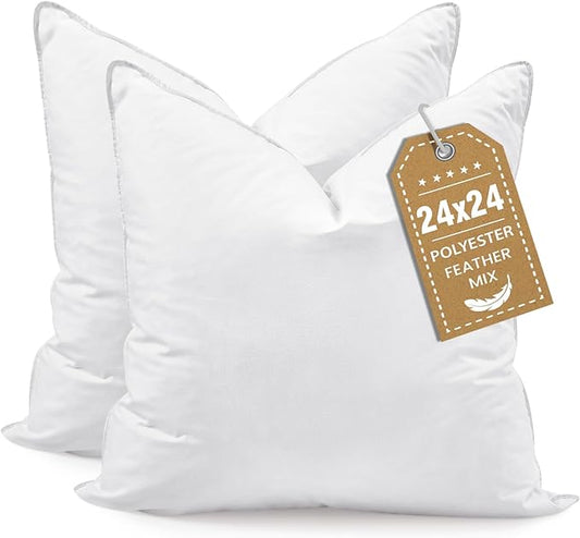 BHZ Euro Throw Pillow Inserts, 24x24 Down Feather Alternative Pillow Inserts Set of 2, Decorative Soft Large Square White Throw Pillows Insert for Couch Bed Dorm Sofa with Breathable Cover