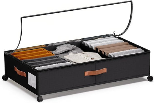 Under Bed Storage with Wheels - Rolling Underbed Containers with PVC Clear Lid & Dividers, 600D Oxford Fabric, PU Leather Handles, Adjustable Magic Tape Partition, XXL 66L, Black