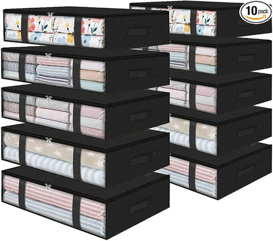 StorageRight Under Bed Storage Bags 10 Pack, 40L Large Clothes & Comforter Storage Containers with Clear Window, Breathable Fabric Organizer for Blankets, Bedding, Seasonal Clothing, Black
