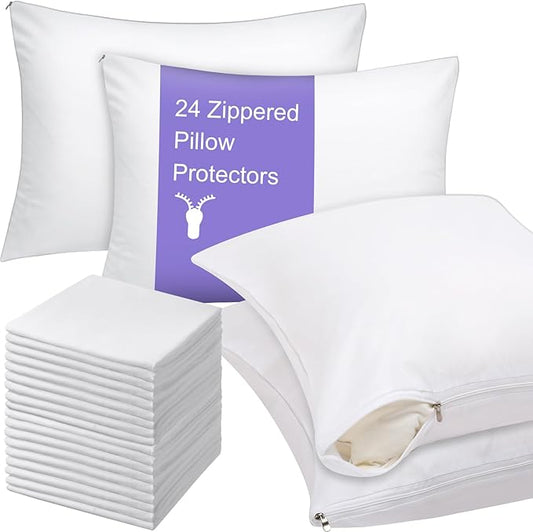 Shimeyao 12 Pcs 20 x 40 Inch Zippered Pillow Protectors Bulk, Standard Size Bedding Pillow Cases, Soft Breathable Cotton Sateen Dust Protection Covers White Protectors for Home Hotel Rental