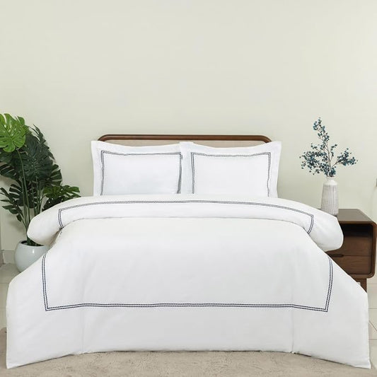Dreamology White Duvet Cover Luxury Hotel Quality Bedding Set 100% Cotton Embroidered Duvet Covers with 2 Pillow Shams Hypoallergenic Zipper Closure 3 Pieces Duvet Set (Navy Blue T-200, Full)