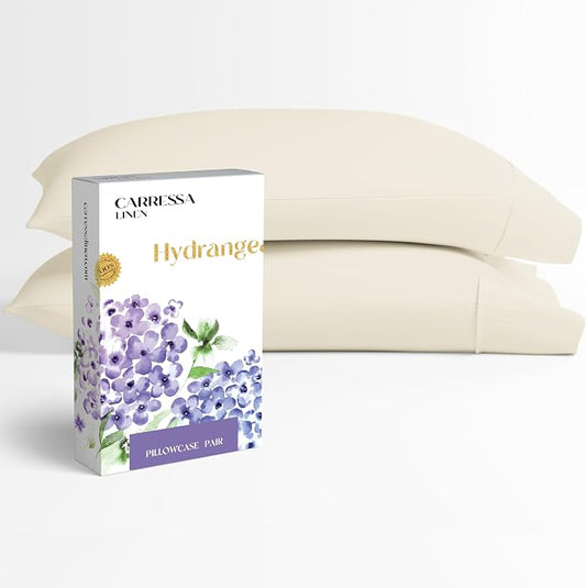 Carressa Linen 100% Egyptian Cotton King Size Pillow Cases Set of 2 - Luxury 600 Series Hydrangeas Collection King Pillowcases (Ivory), Soft Cooling, Sateen Weave Hotel Quality Bed Pillow Cover
