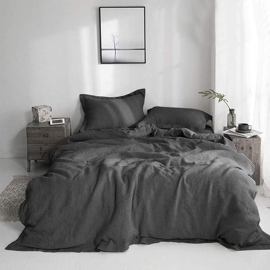 Simple&Opulence 100% Linen Duvet Cover Set with Embroidery Washed - 3 Pieces (1 Duvet Cover with 2 Pillow Shams) with Button Closure Soft Breathable Farmhouse - Dark Grey, King Size