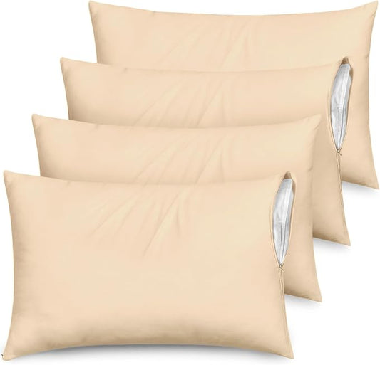 Ultra Soft Pillow Protectors with Zipper Queen Size - Set of 4 Breathable Pillow Covers - 100% Protection Against Stains, Dust & Dirt - Machine Washable (Cream)