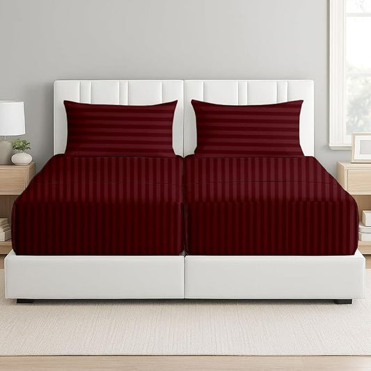 5 Piece Split Cal King Sheet Set, 100% Egyptian Cotton, 16 Inch Deep Pockets, Burgundy Stripe, Soft Cooling Sheets for Adjustable Beds, Sleep Number Beds, Split Cal King Mattress Sheet Set