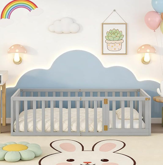 Bellemave Twin Size Montessori Floor Bed with 21.7" High Rails, Pine,Plywood Floor Bed with Small Door, Grey