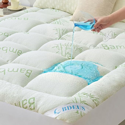 BDEUS Queen Mattress Topper Viscose Derived from Bamboo, 100% Waterproof Thick Pillow Top Mattress Pad for Back Pain Relief, Naturally Cooling for Hot Sleepers, Green