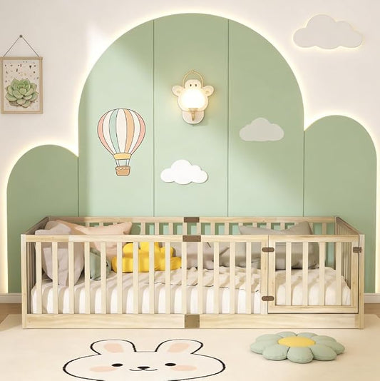 Bellemave Twin Size Montessori Floor Bed with 21.5" High Rails, Rubber Wood Twin Floor Bed with Slats and Door, Natural
