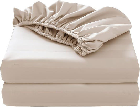 2-Pack Pure Cotton Twin XL Bottom Sheet for Adjustable Bed Split King, 600 TC 16" Deep Pocket Egyptian Cotton Fitted Sheet (2-Pack, Twin XL, Stripted Beige)